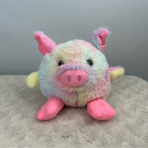 MTY International Pink Pig Plush Stuffed Animal Toy Tie Dye Rainbow Yellow Round